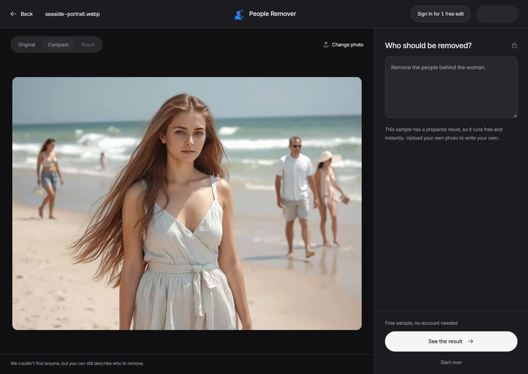 People Remover editor showing a photo and the instruction to remove people in the background.
