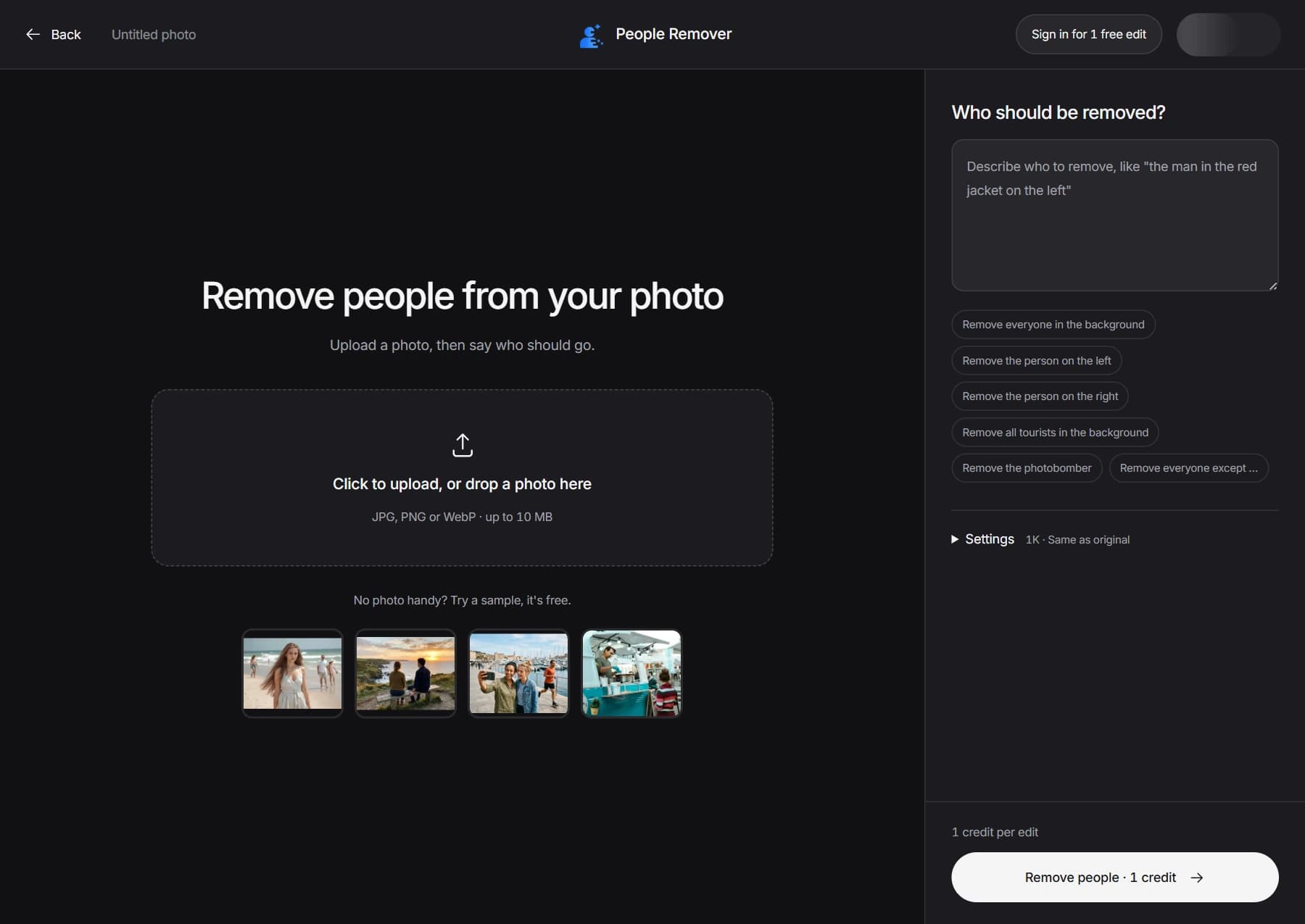 People Remover editor with the photo upload area and sample photos.